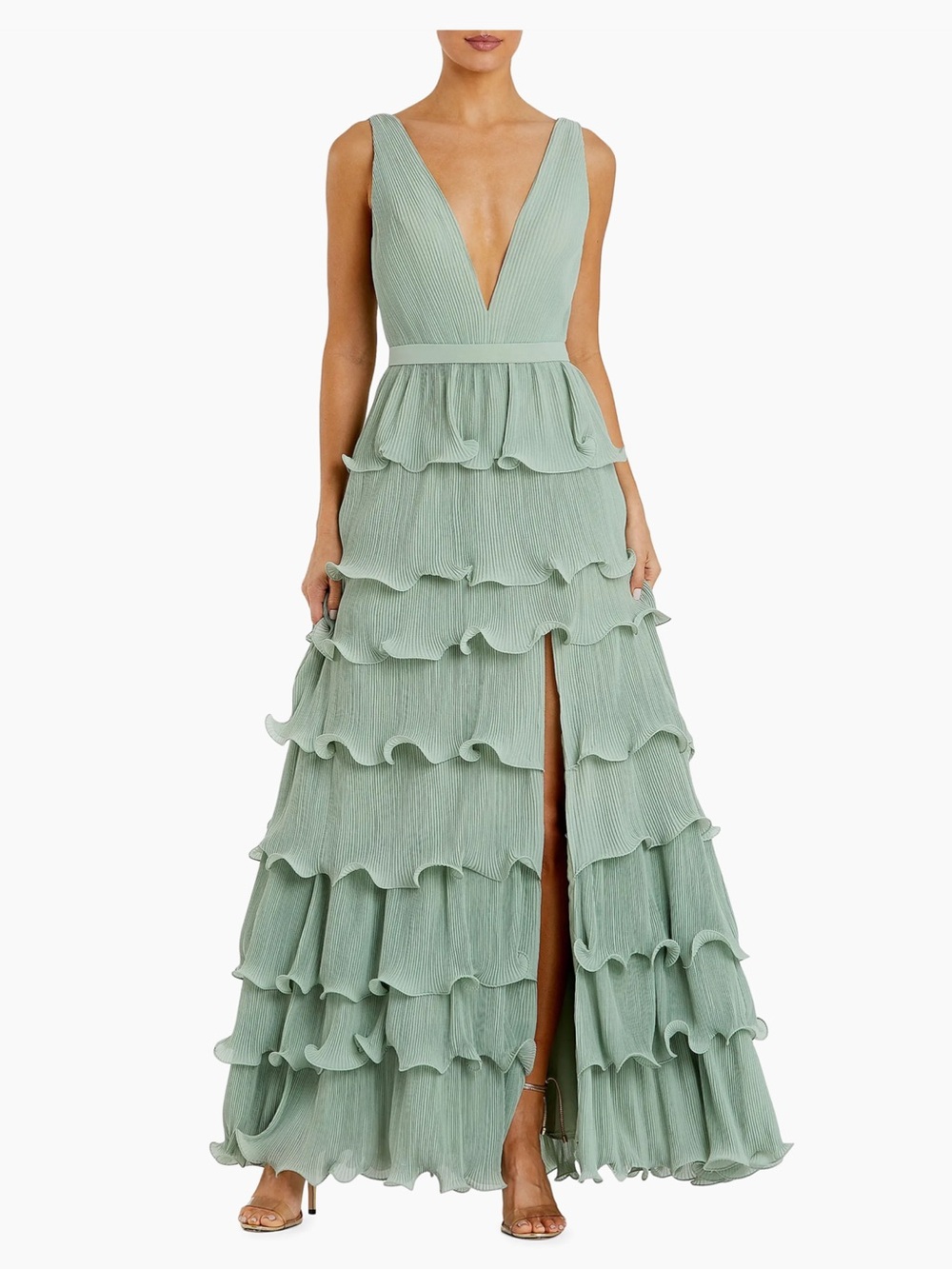 Mac Duggal Ruffled V-Neck Tiered Maxi Dress Sage Green